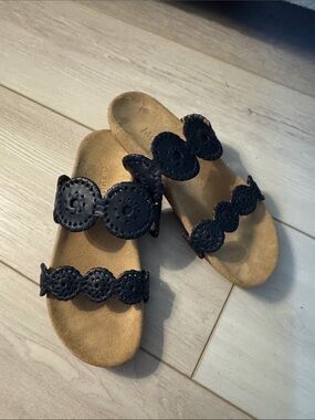 Jack Rogers Navy Scalloped Two-Strap Slide Sandals